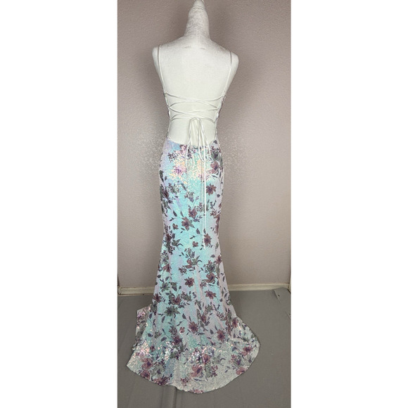 City Studio Floral Sequin Mermaid Dress Aqua Lilac Sz Large Fairy Whimsical - Picture 4 of 16